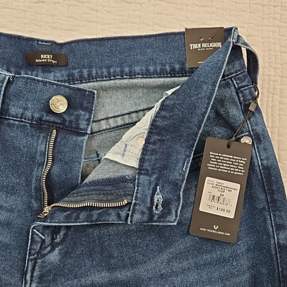 NWT True Religion Ricky Jeans Men's 34x34 Medium‎ Wash Relaxed Straight Leg NEW